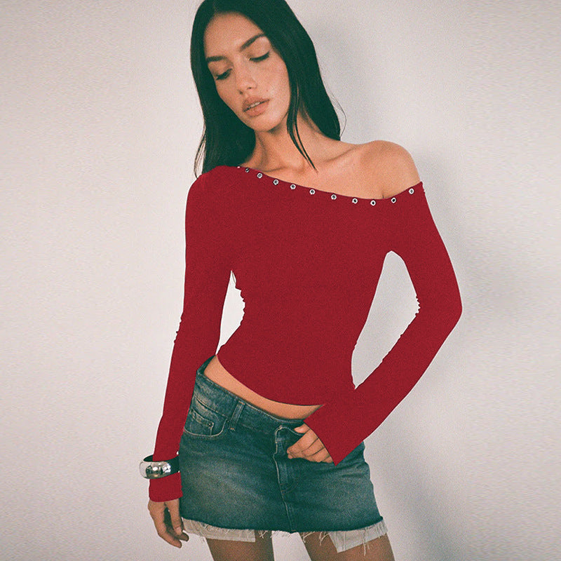 Damen Off-Shoulder Oberteil mit modischen Knöpfen und figurbetontem Schnitt Drune