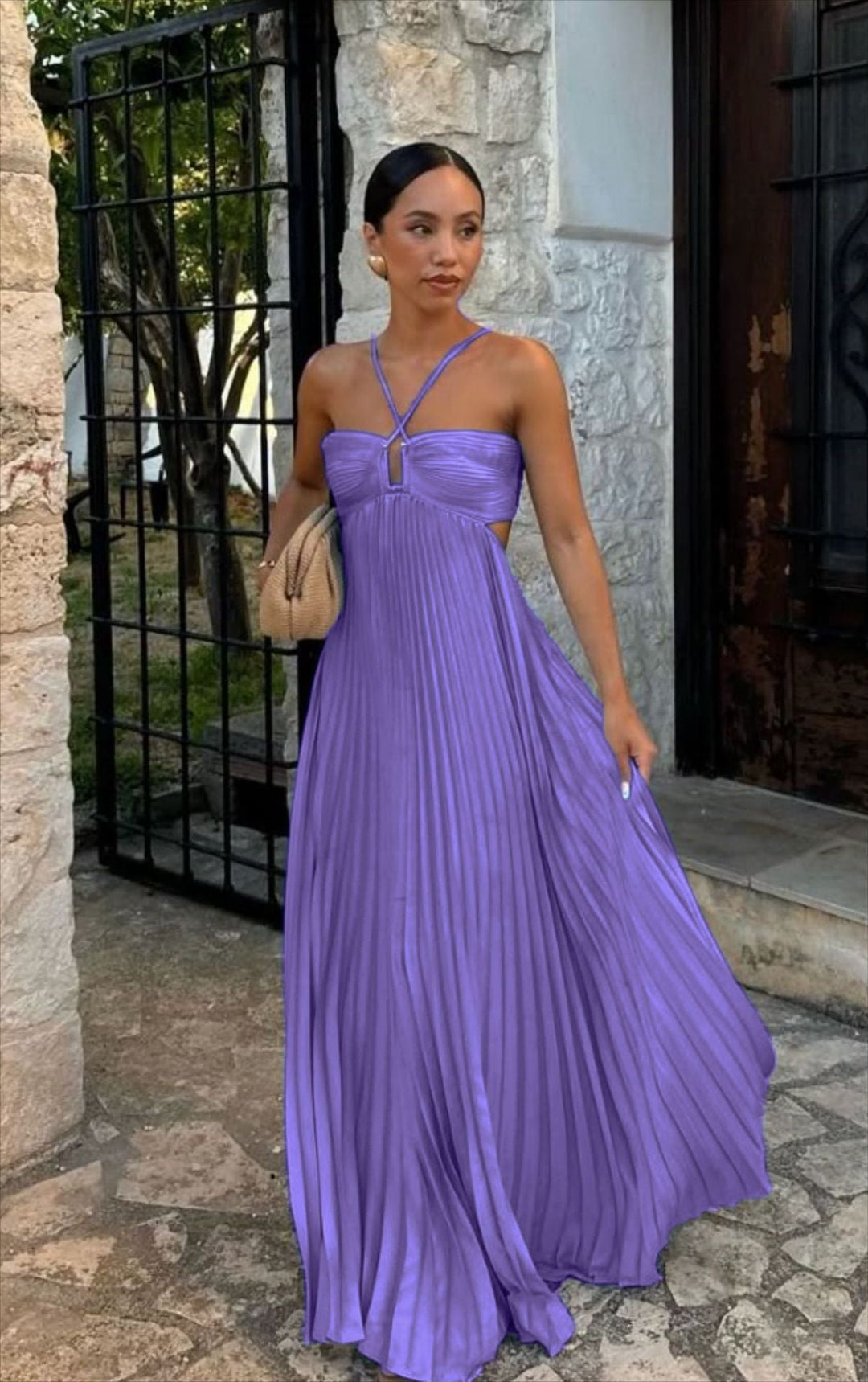 Damen Plisseekleid mit schulterfreiem Design und raffinierten Trägerdetails Drune