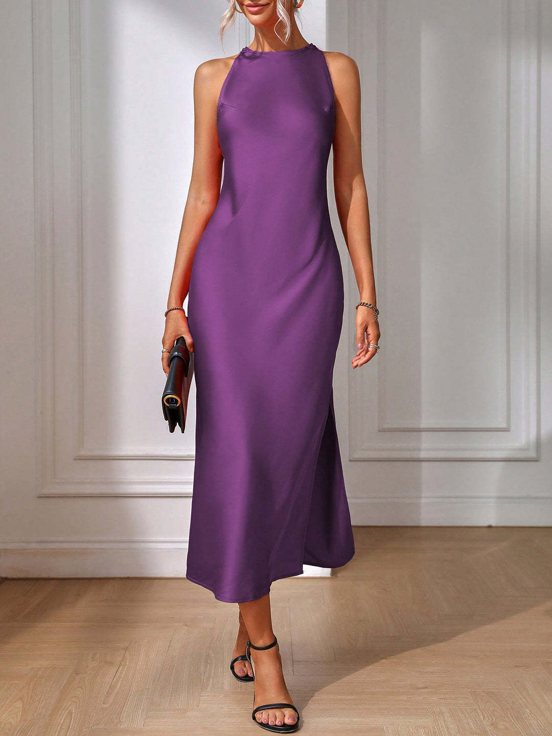 Damen Elegantes Maxikleid mit tiefem Schlitz und feinem Satinfinish Drune