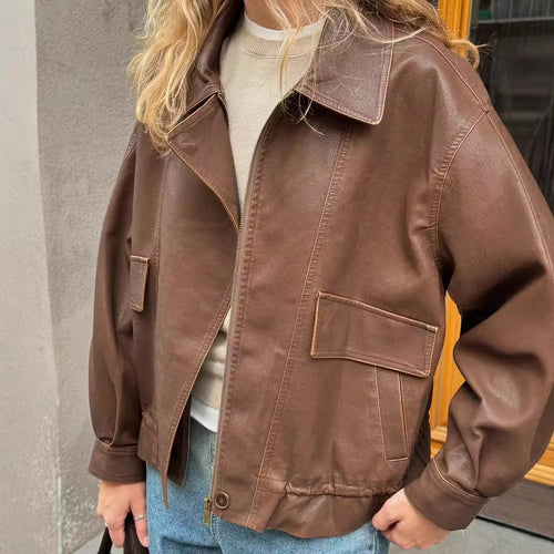 Damen modische Lederjacke mit oversized Schnitt und praktischen Taschen Drune