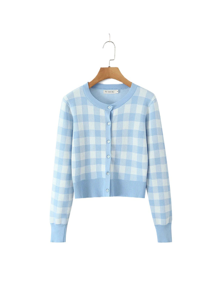 Damen modischer karierten Strickjacke mit Rundhalsausschnitt und Knopfverschluss Drune