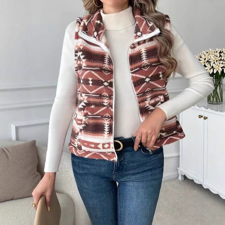 Damen Fleece-Weste im Ethno-Design mit hohem Kragen Drune
