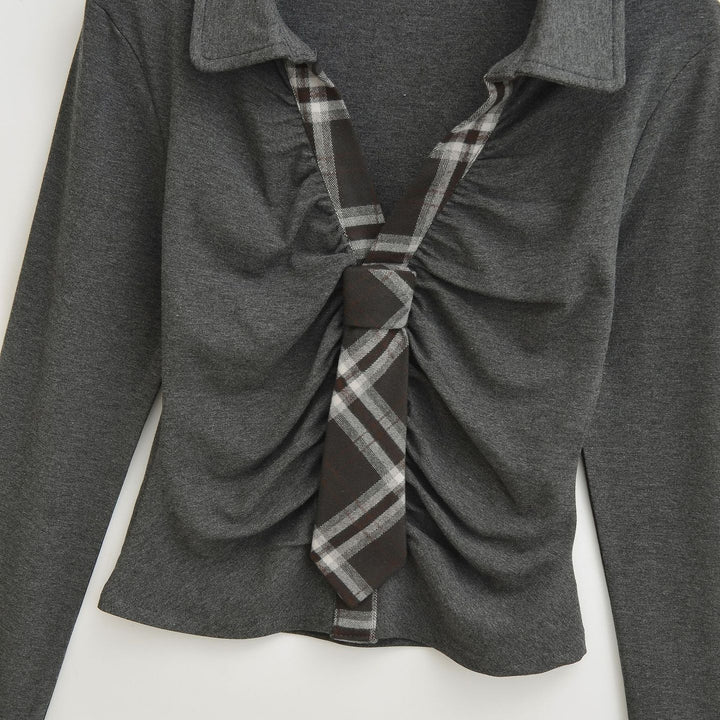 Damen Langarmshirt mit raffiniertem Wickel-Design und modischem Krawattenausschnitt Drune