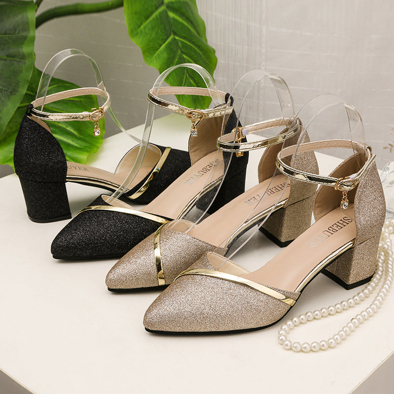 Damen elegantes Hochzeits-Absatzschuh mit glitzerndem Obermaterial und modischen Riemen Drune