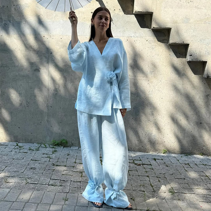 Damen eleganter Leinenanzug mit raffinierten Rüschen Drune