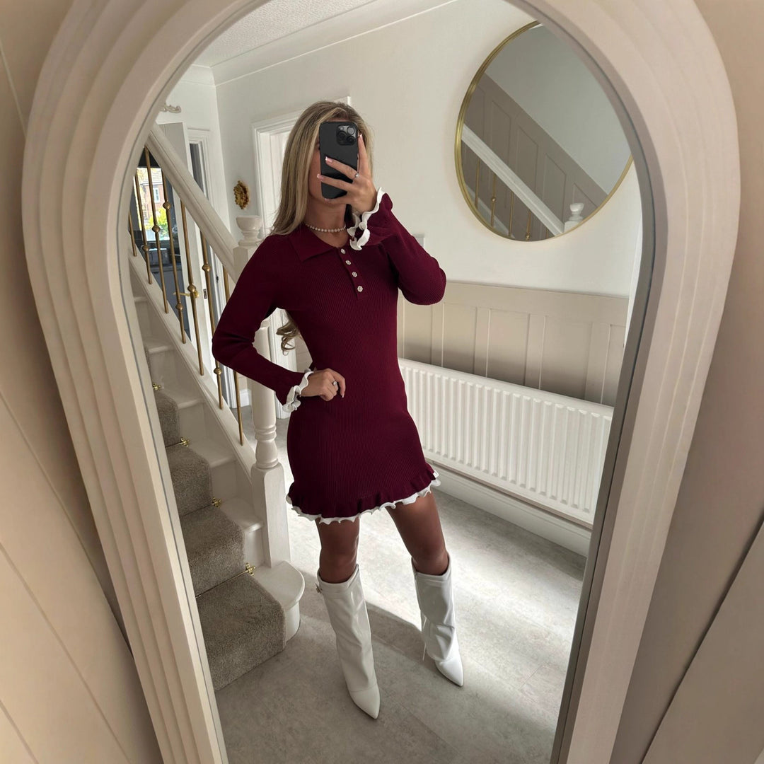 Damen Strickkleid mit Spitze und Knopfleiste Drune