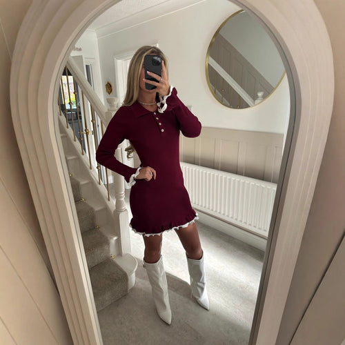 Damen Strickkleid mit Spitze und Knopfleiste Drune
