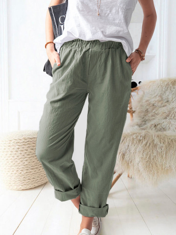 Damen lässige Leinenhose mit elastischem Bund und praktischen Taschen Drune