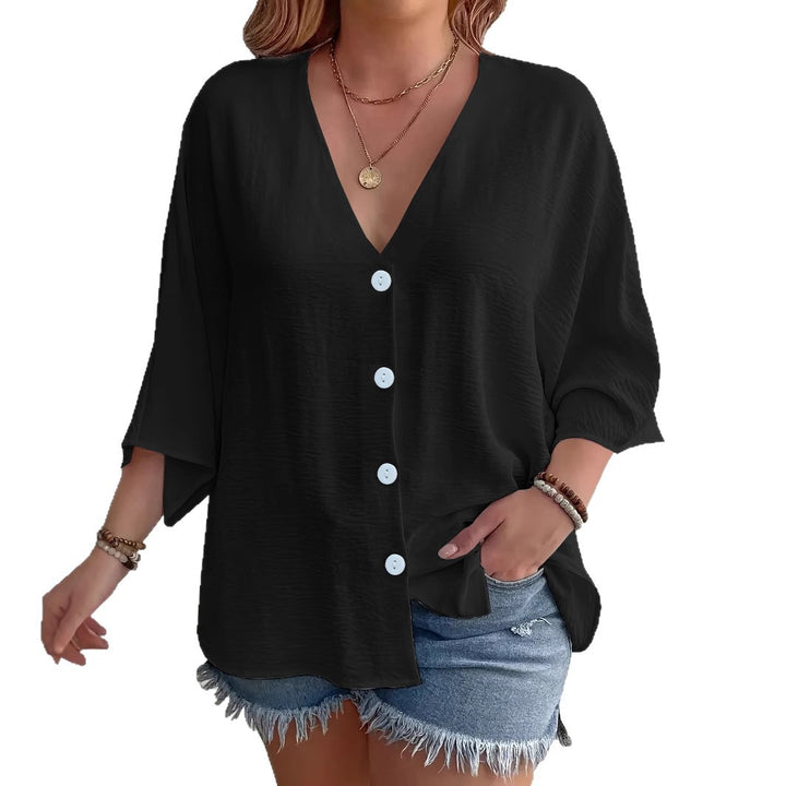 Damen Viskose Oversize-Bluse mit V-Ausschnitt und Knopfdetails Drune