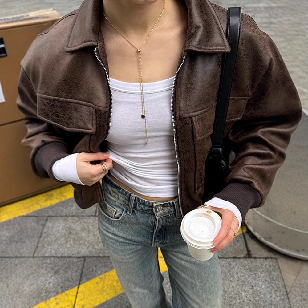 Damen cropped Kunstlederjacke mit Taschen Drune