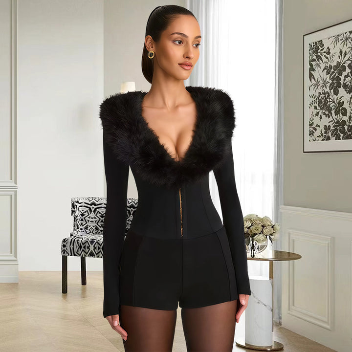 Damen Jumpsuit mit königlichem Fellkragen und figurbetontem Schnitt Drune