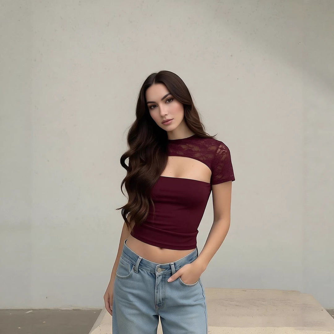 Damen Cropped Top mit Spitzenmuster und figurbetontem Schnitt Drune
