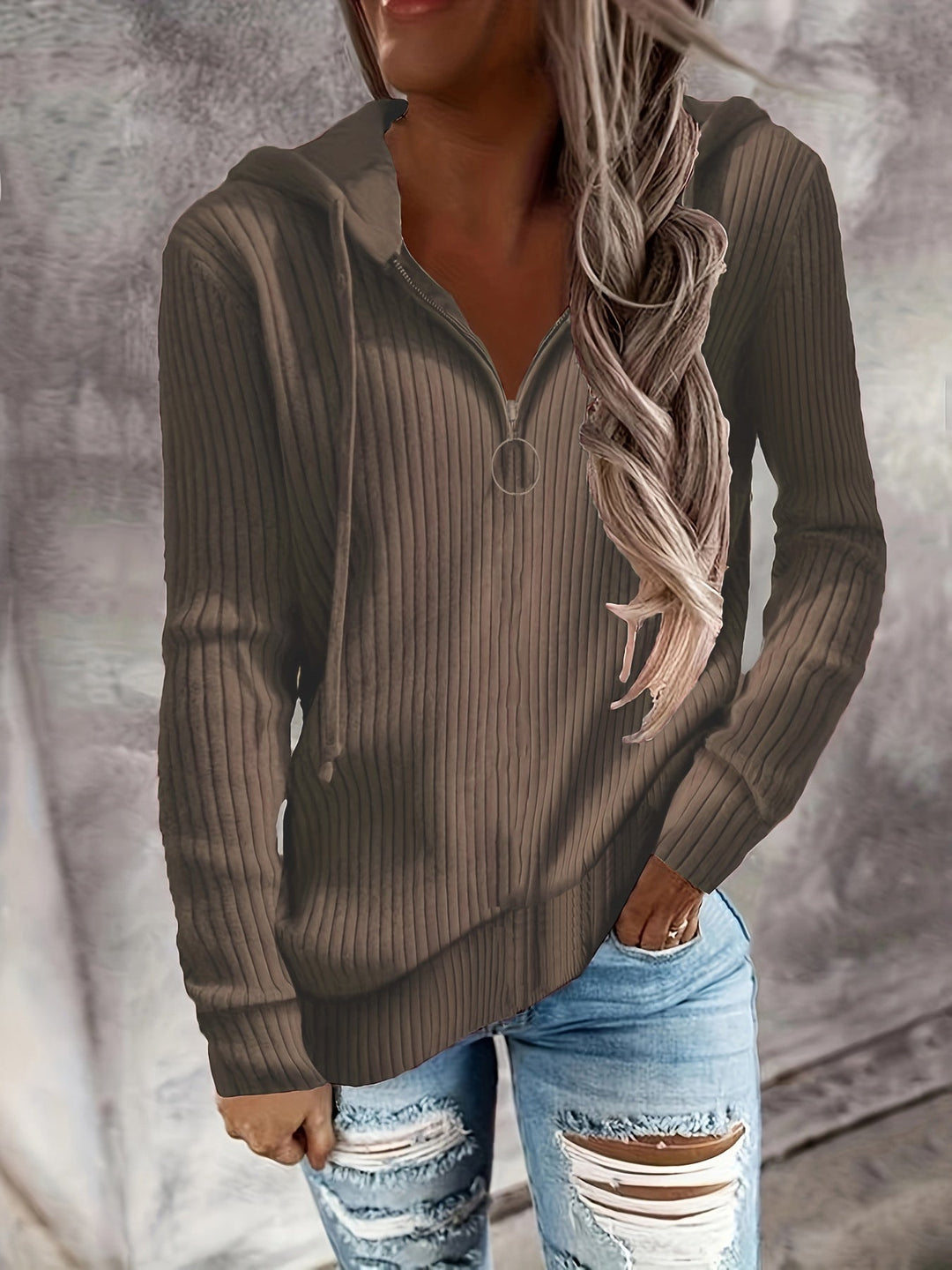 Damen lässiger Zip-Hoodie mit strukturiertem Rippmuster Drune