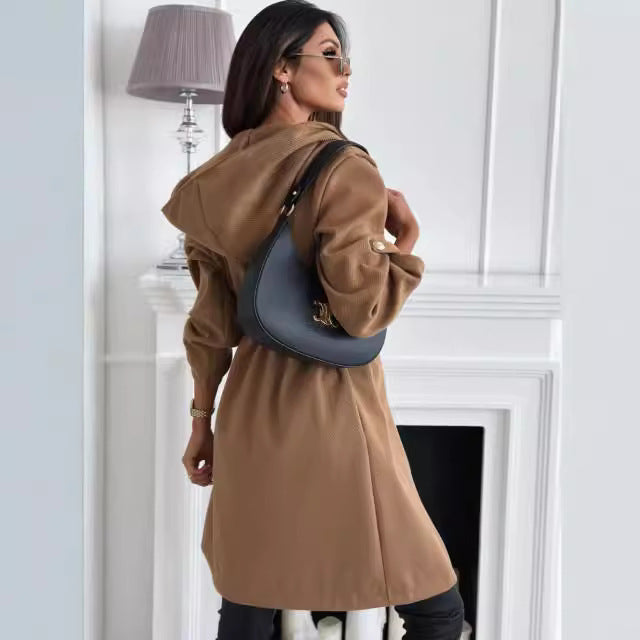 Damen Hüftlanger Stoffmantel mit Kapuze und Taillengürtel Drune