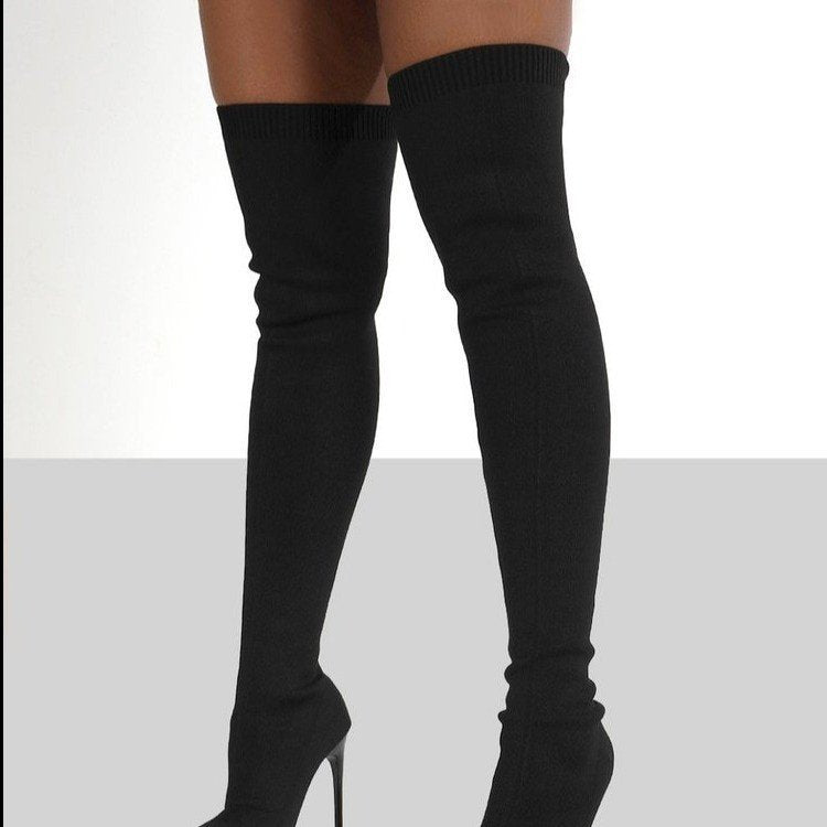 Damen Overknee Stiefel mit elegantem Absatz und hochwertiger Strickstruktur Drune
