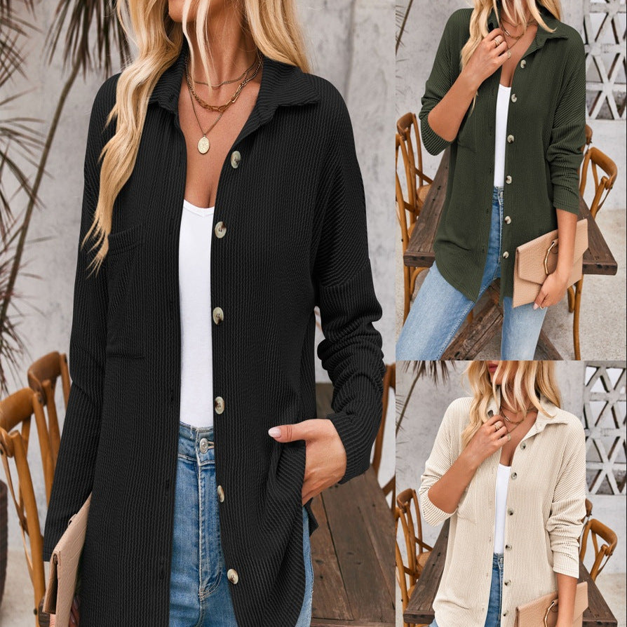 Damen Lässige Waffelpique Blusenjacke mit praktischen Taschen und Knopfverschluss Drune