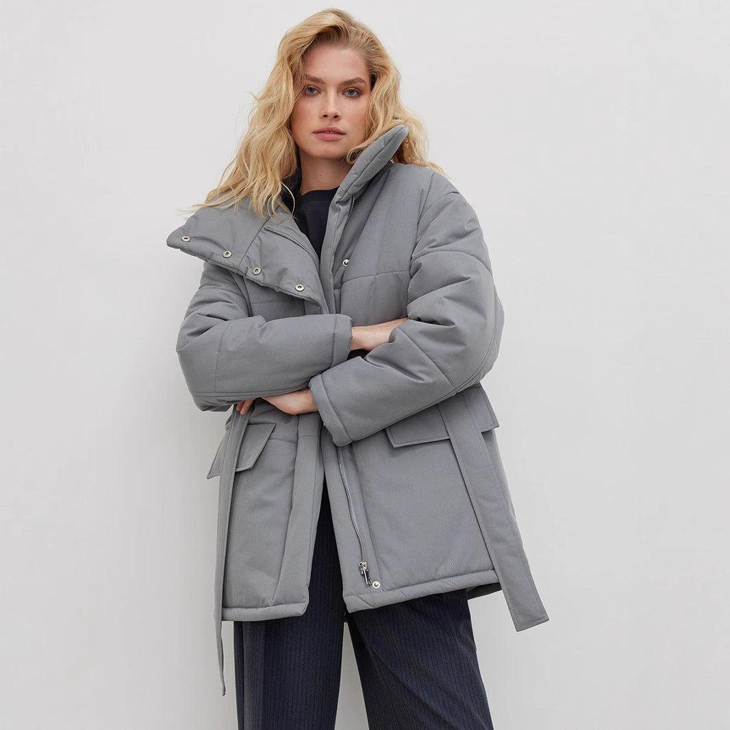 Damen Modische Steppjacke mit hohem Kragen und Gürtel Drune