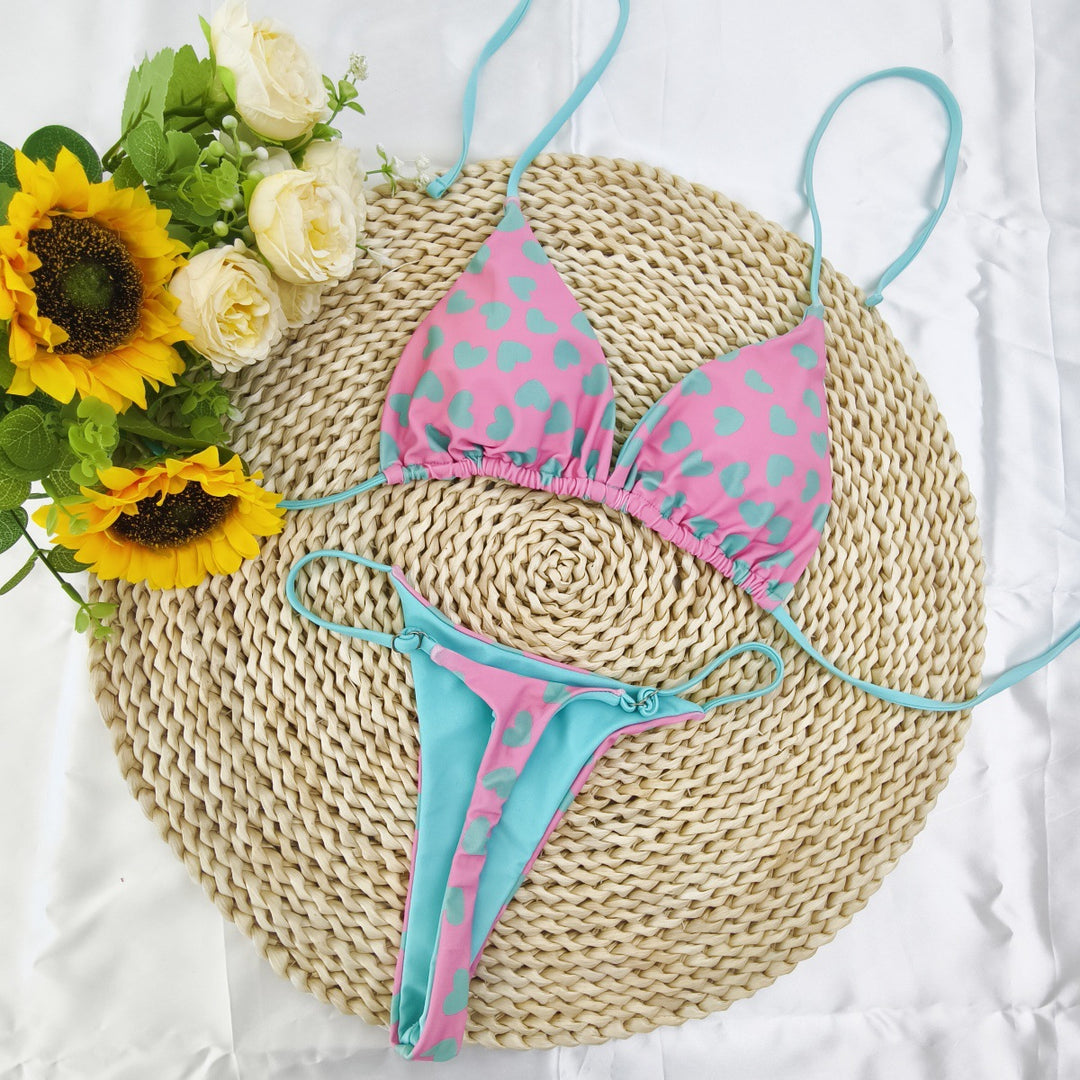 Damen Triangel-Bikini-Set mit fröhlichem Kirschmuster und verstellbaren Trägern Drune