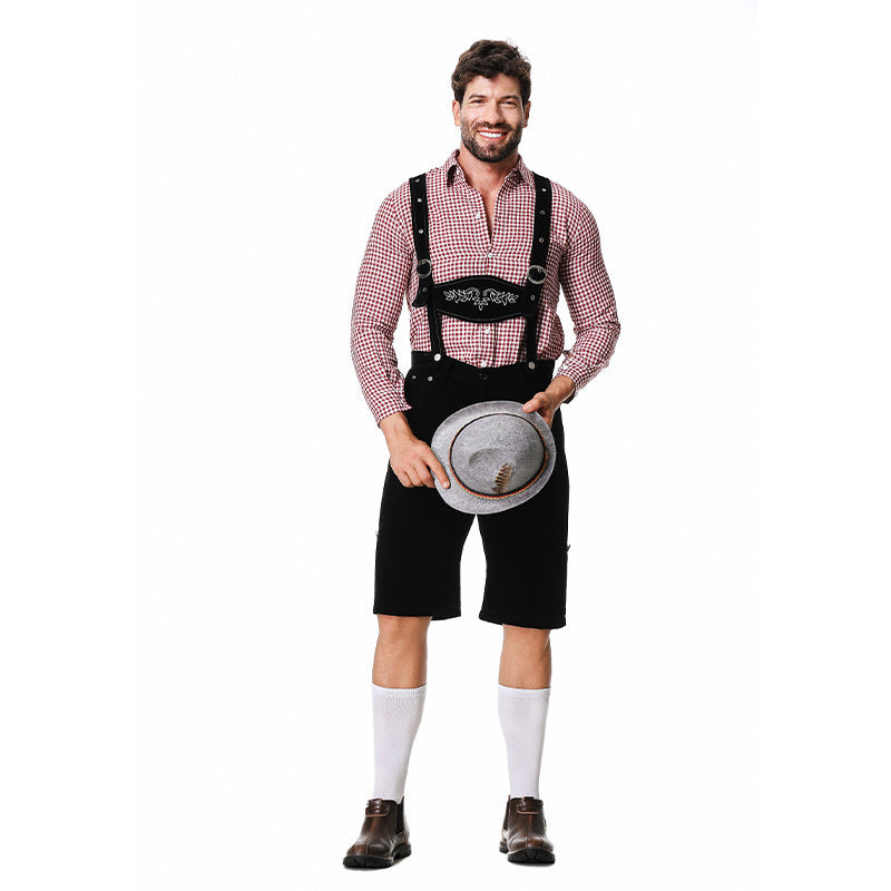 Herren nan authentische Trachten-Kniebundhose aus wildlederähnlichem Material mit verstellbaren Trägern und besticktem Brustlatz Drune
