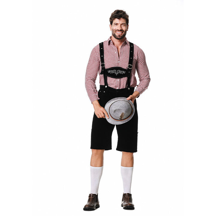Herren nan authentische Trachten-Kniebundhose aus wildlederähnlichem Material mit verstellbaren Trägern und besticktem Brustlatz Drune
