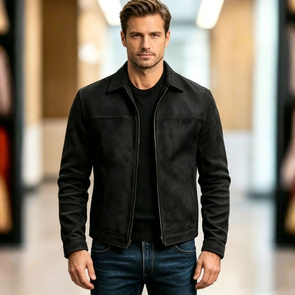 Herren nan schlanke Veloursleder-Jacke mit klassischem Kragen und verdecktem Reißverschluss Drune