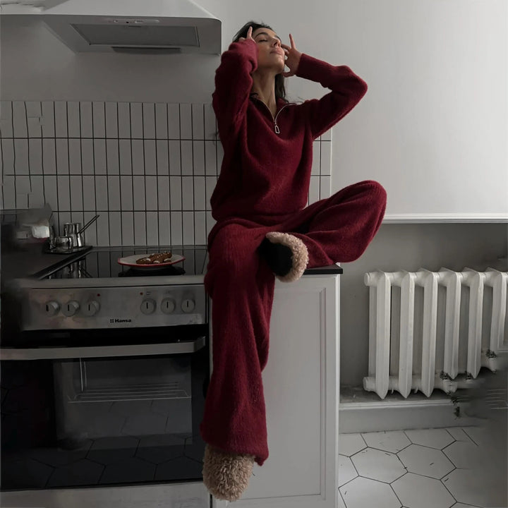 Damen Lässiges Strick-Loungewear-Set mit halbhoch geschlossenem Reißverschluss und lockerer Passform Drune