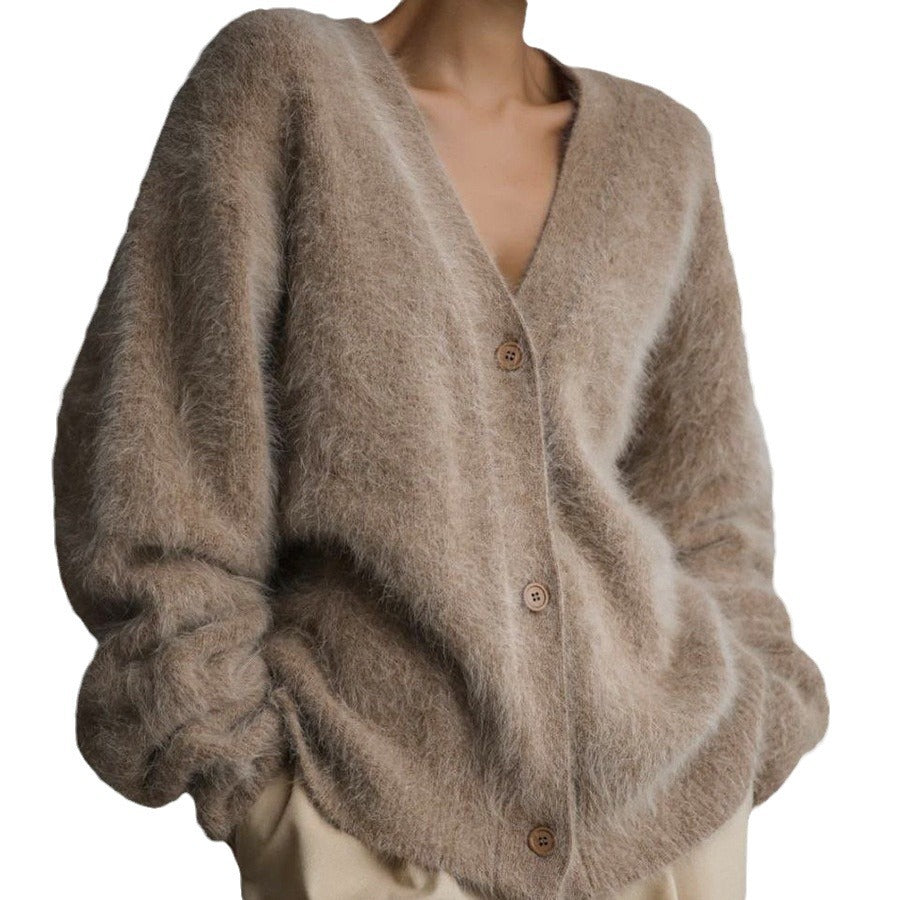 Damen Flauschiger Cardigan mit V-Ausschnitt Drune