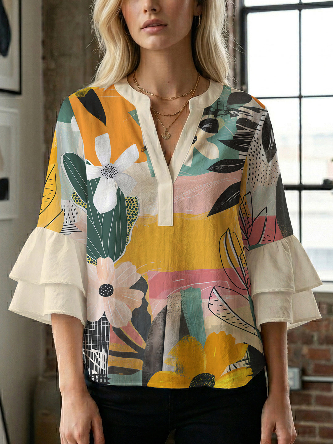 Damen kunstvolles Oberteil mit Rüschensleeves Drune