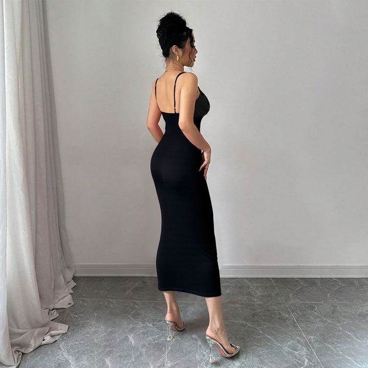Damen figurbetontes Midi-Kleid mit elegantem Cut-Out und feinen Spaghettiträgern Drune