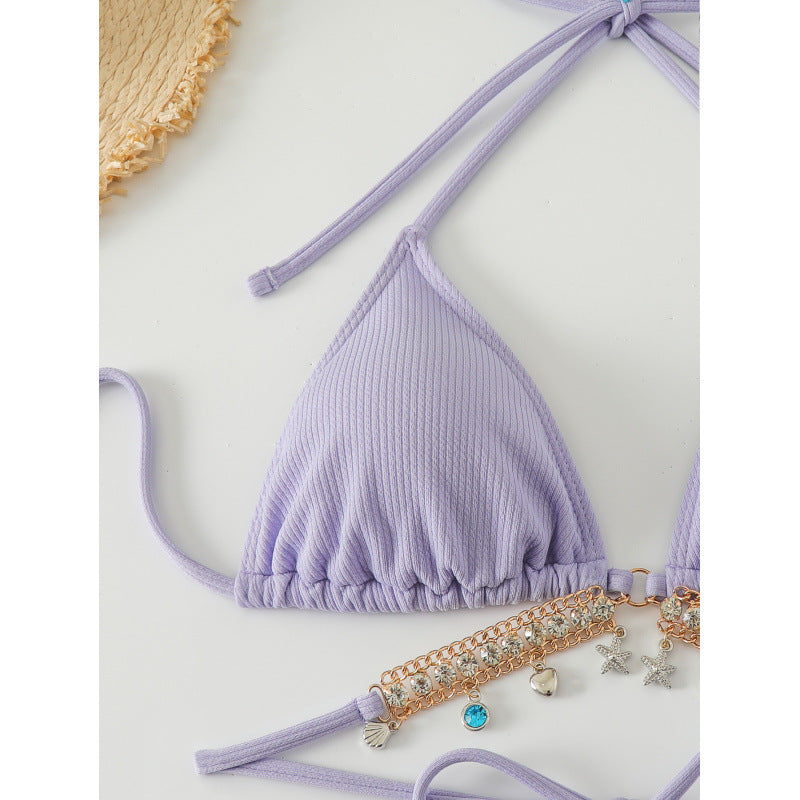 Damen Triangel-Bikini mit modischen Schmuckdetails und Bindebändern Drune