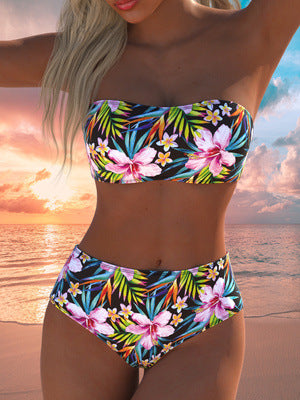 Damen Bandeau-Bikini-Set mit hochgeschnittenem Höschen und tropischem Blütenmuster Drune