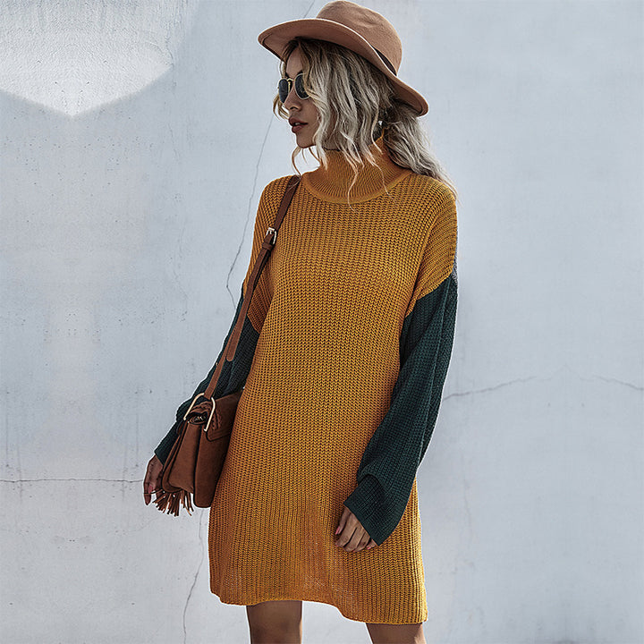 Damen Strickkleid mit hohem Kragen und kontrastierenden Ärmeln Drune
