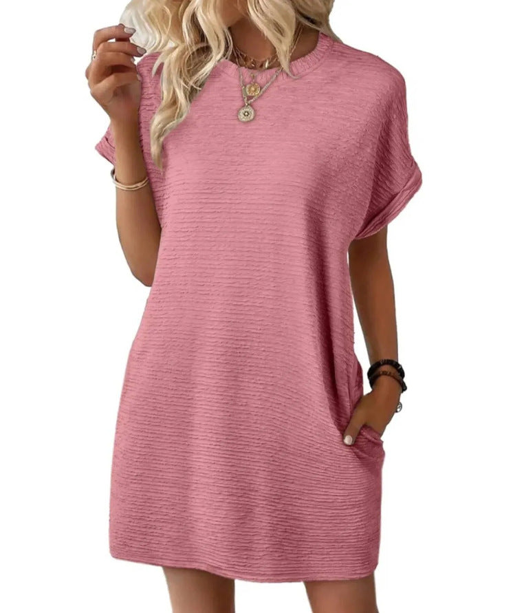 Damen lässiges Kurzarmkleid mit strukturiertem Stoff und seitlichen Taschen Drune