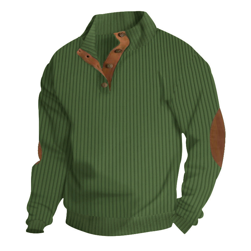 Herren nan strukturierter Ripp-Pullover mit kurzem Knopfkragen und Wildleder-Ellbogenpatches Drune