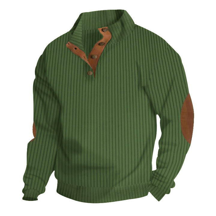 Herren nan strukturierter Ripp-Pullover mit kurzem Knopfkragen und Wildleder-Ellbogenpatches Drune