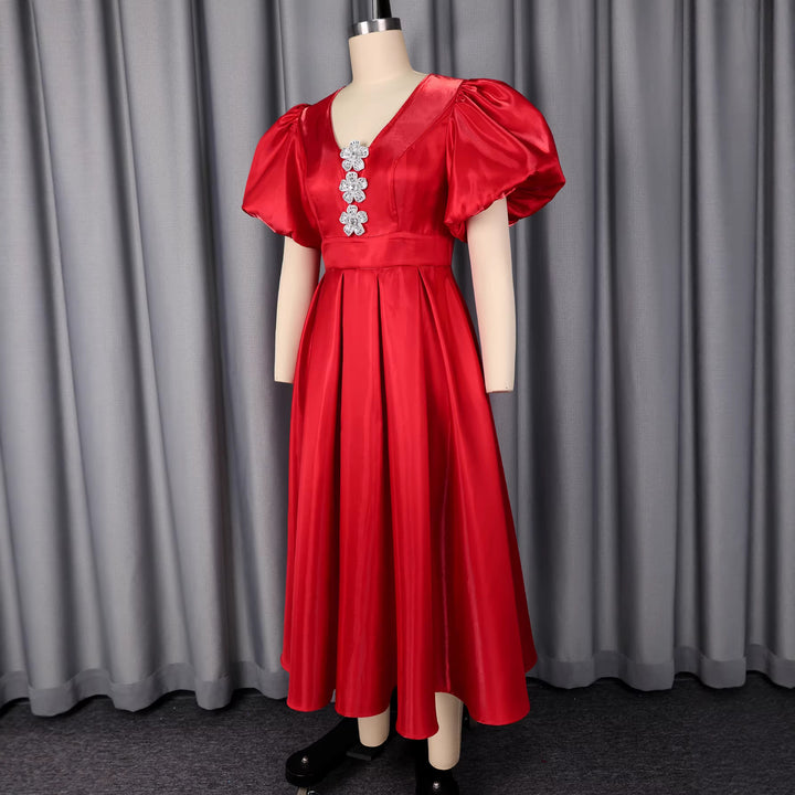 Damen Extravagantes Abendkleid mit voluminösen Puffärmeln und funkelnden Applikationen Drune
