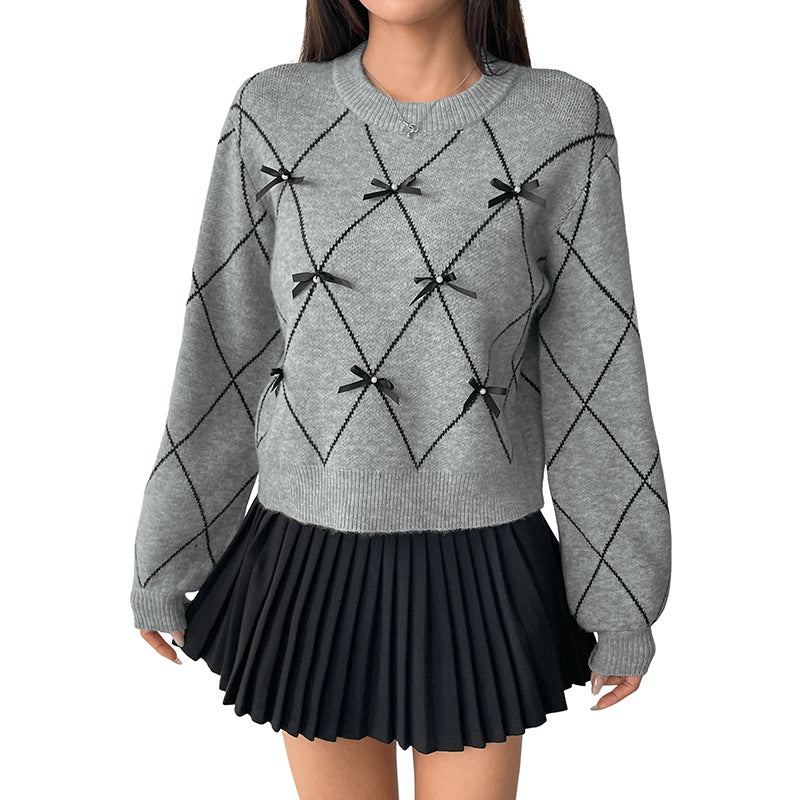Damen trendiger Strickpullover mit modischem Rautenmuster und dekorativen Schleifen Drune
