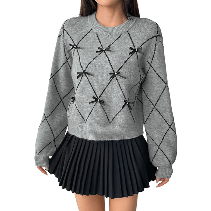 Damen trendiger Strickpullover mit modischem Rautenmuster und dekorativen Schleifen Drune