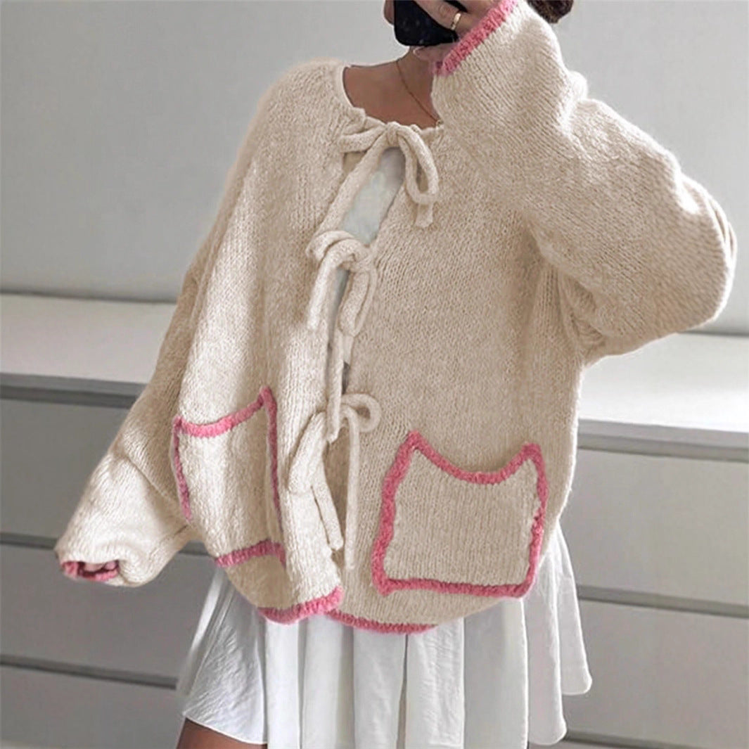Damen lässige Strickjacke mit einzigartigem Bindungsdetail und großen Taschen Drune
