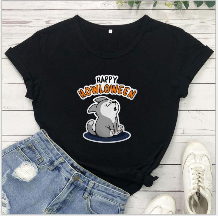 Frauen Grafik T-Shirt mit verspieltem Halloween Hundedesign Drune