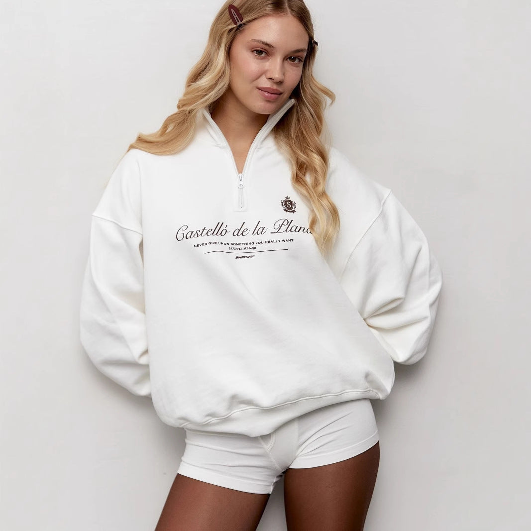 Drune | Pullover Sweatshirt Übergröße Fit Halber Reißverschluss Stehkragen Weinlese Grafik