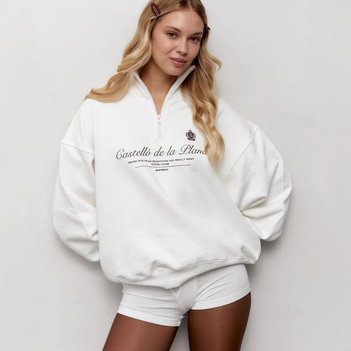 Drune | Pullover Sweatshirt Übergröße Fit Halber Reißverschluss Stehkragen Weinlese Grafik