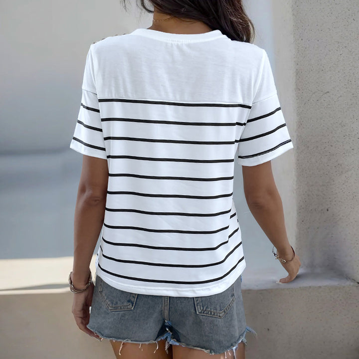 Damen gestreiftes T-Shirt mit dekorativen Knopfdetails Drune