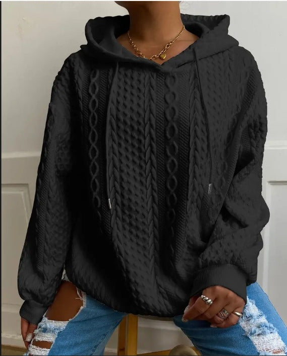 Damen Oversized Strickpullover mit kreativem Kabeleffekt und Kapuze Drune