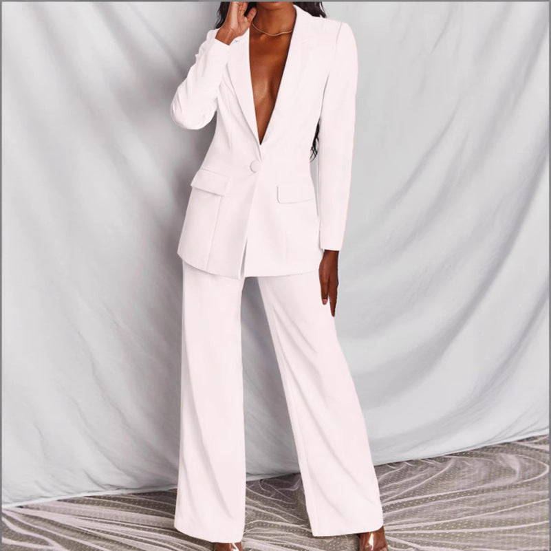 Damen nan taillierter Ein-Knopf-Blazer mit Pattentaschen und weiter Palazzo-Hose Hosenanzug Drune