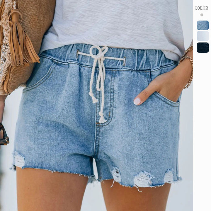 Damen Vintage Denim-Shorts mit elastischem Bund und modischen Destroyed-Details Drune