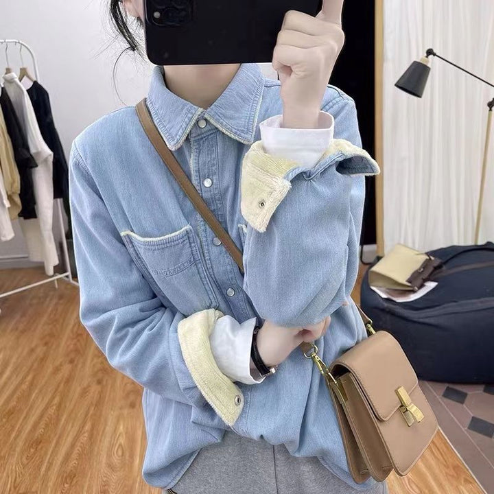 Damen lässige Denim-Bluse mit kontrastierendem Kragen Drune