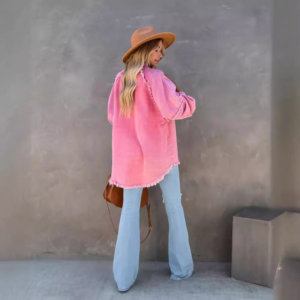 Damen nan oversized Hemdjacke im Used‑Look mit ausgefransten Kanten und aufgesetzten Pattentaschen Drune