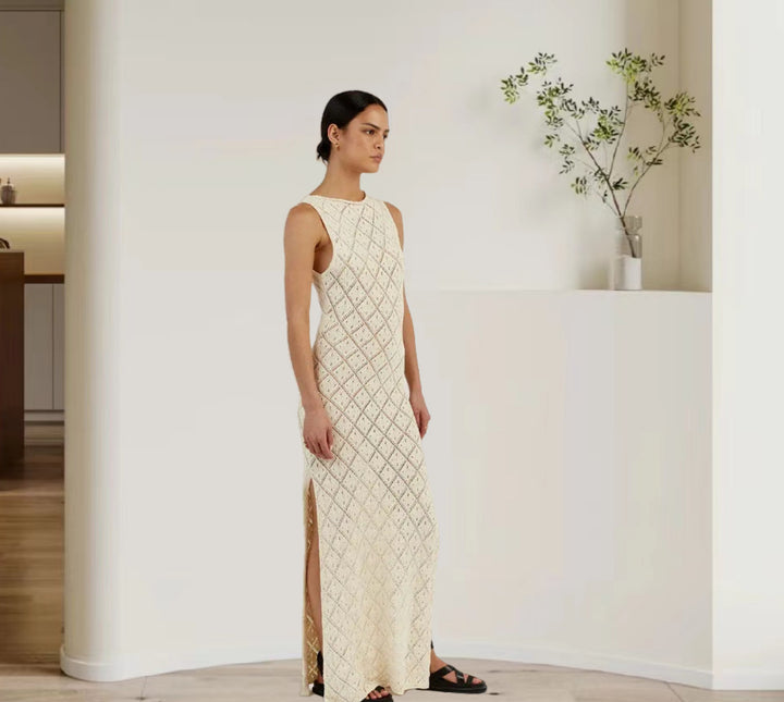 Damen Maxikleid mit dekorativem Rautengewebe und seitlichem Schlitz Drune