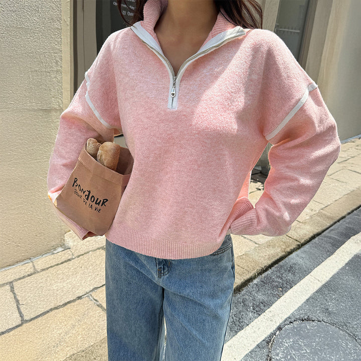 Damen Sportlicher Pullover mit halbem Reißverschluss und langen Ärmeln Drune